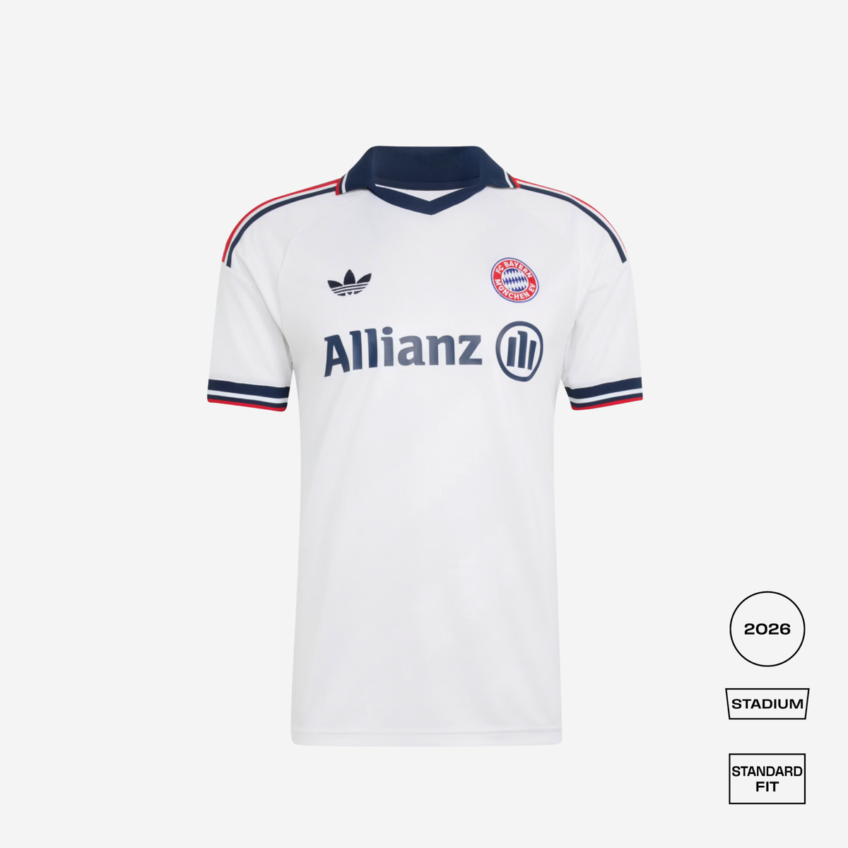A white Adidas Bayern Munich home jersey from 2026, featuring a navy blue collar, navy and red shoulder stripes, the Adidas logo, the Bayern Munich crest, and the Allianz sponsor logo. The image is set against a light gray background with a fit indicator graphic in the bottom right corner.