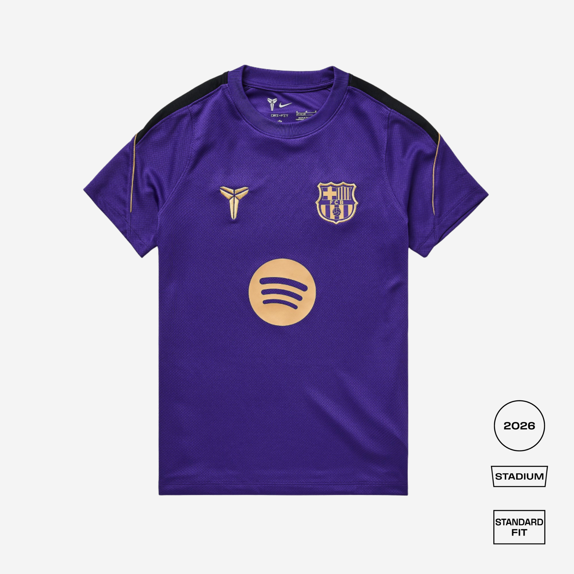 A purple short-sleeve FC Barcelona athletic jersey with gold and black details, featuring the club crest, a gold sponsor logo, and a gold Nike logo. The image is set against a light gray background with fit and model information badges on the bottom right.