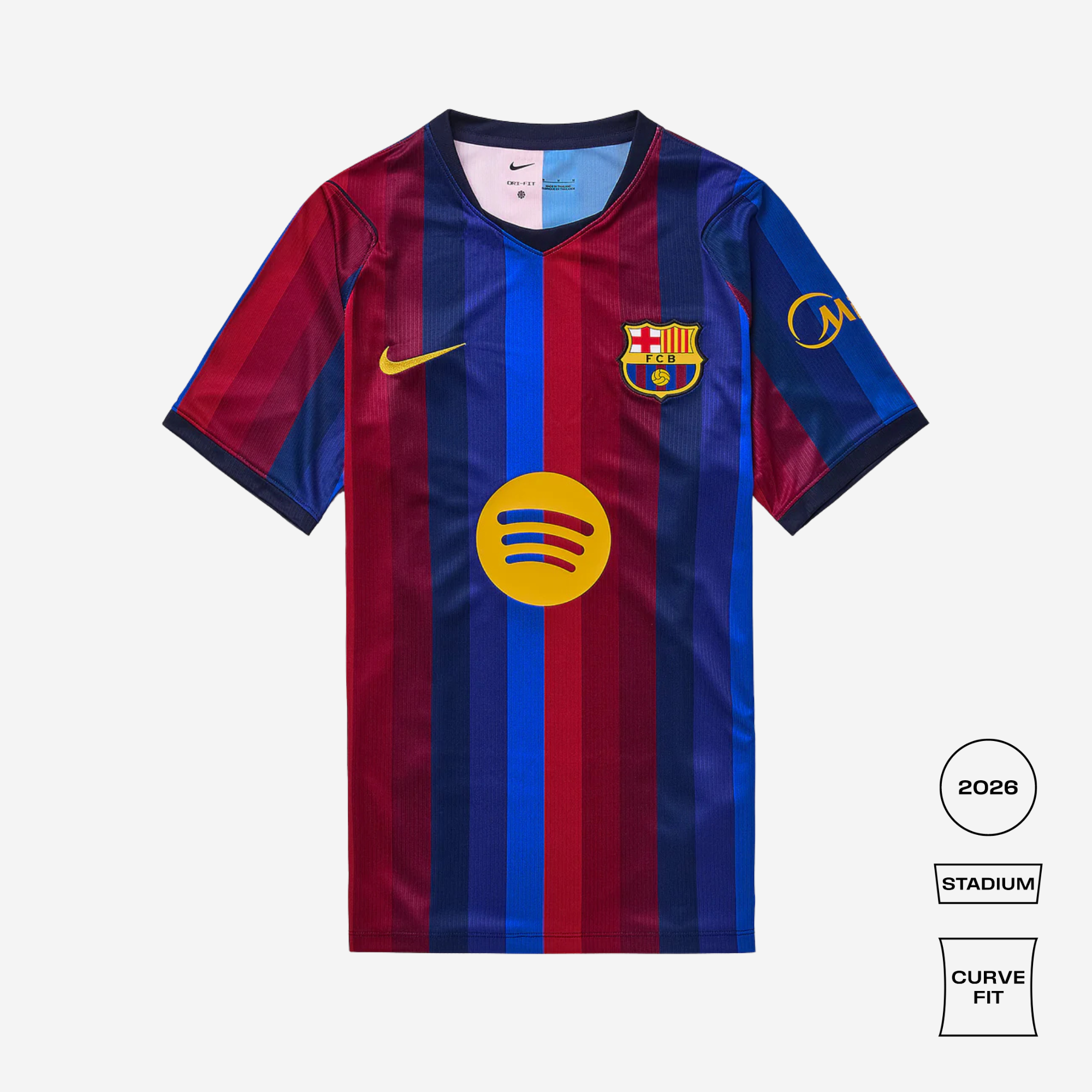 FC Barcelona 2026/27 Stadium curve-fit home jersey in a 2026/27 edition colorway featuring vertical navy blue and burgundy stripes, with a yellow Nike swoosh, Spotify sponsor logo, and FC Barcelona crest on the chest.
