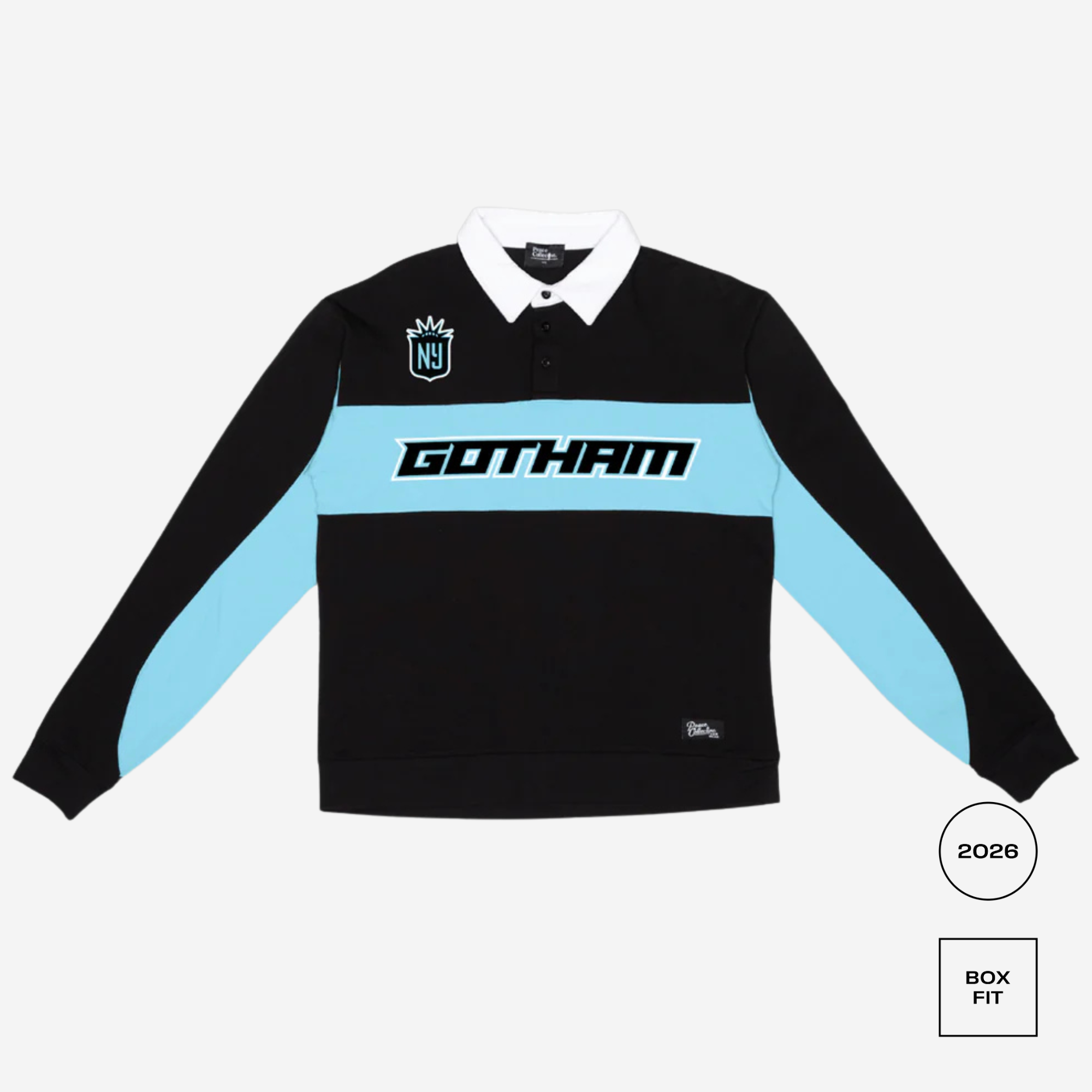 Black and blue long-sleeve shirt with 'Gotham' branding on a white background