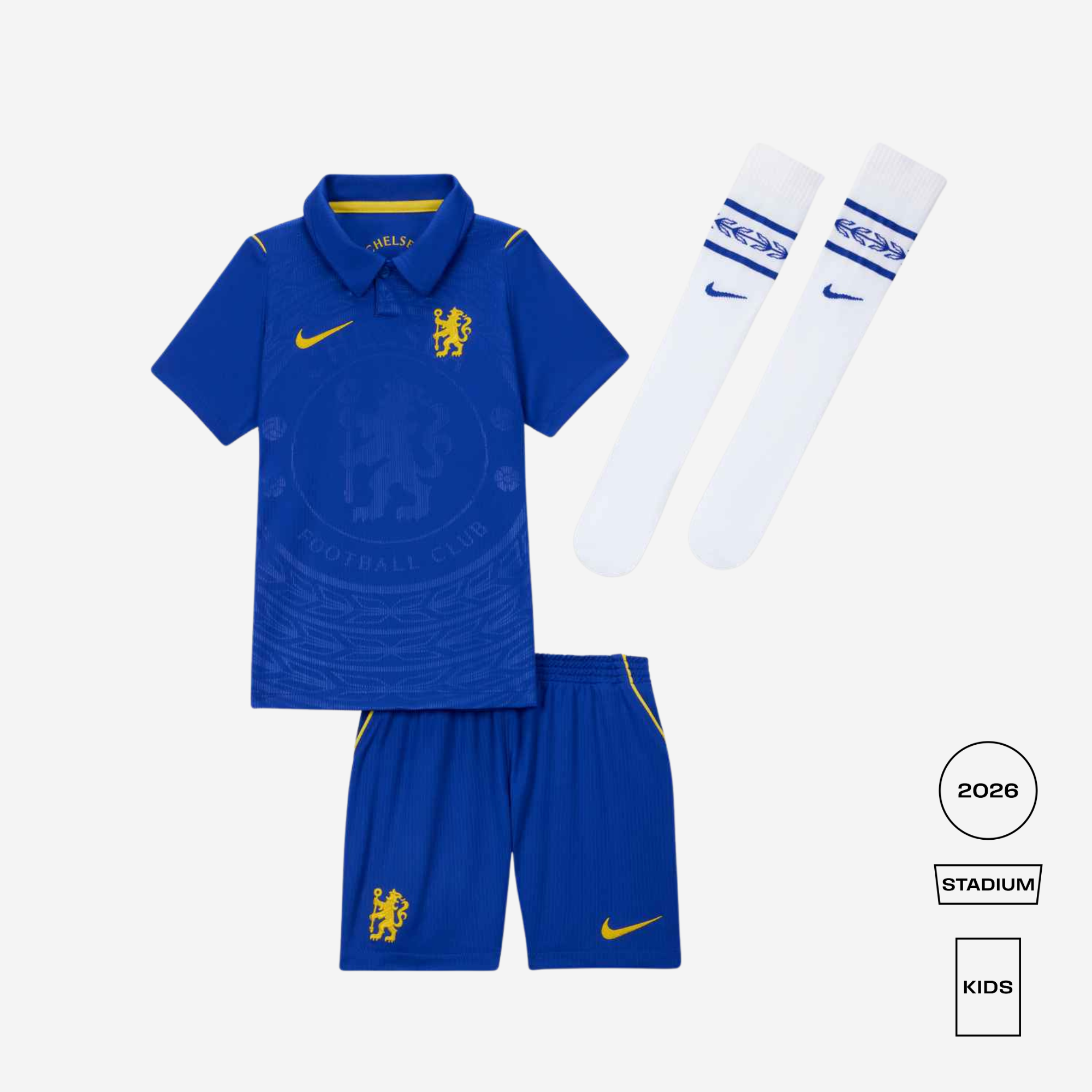 Children's blue sports kit with shorts, socks, and a shirt on a white background