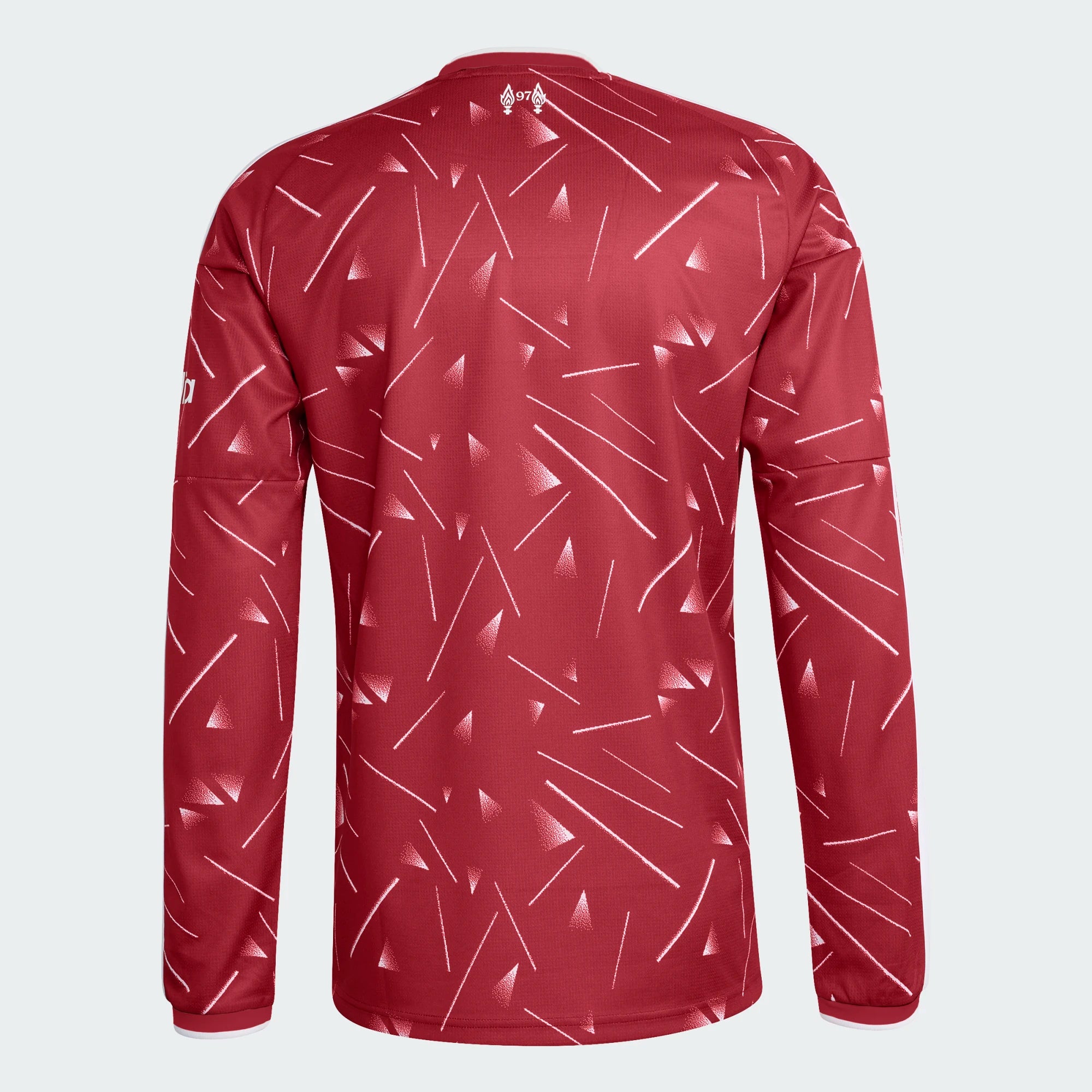 Red long-sleeve shirt with geometric pattern on a light gray background