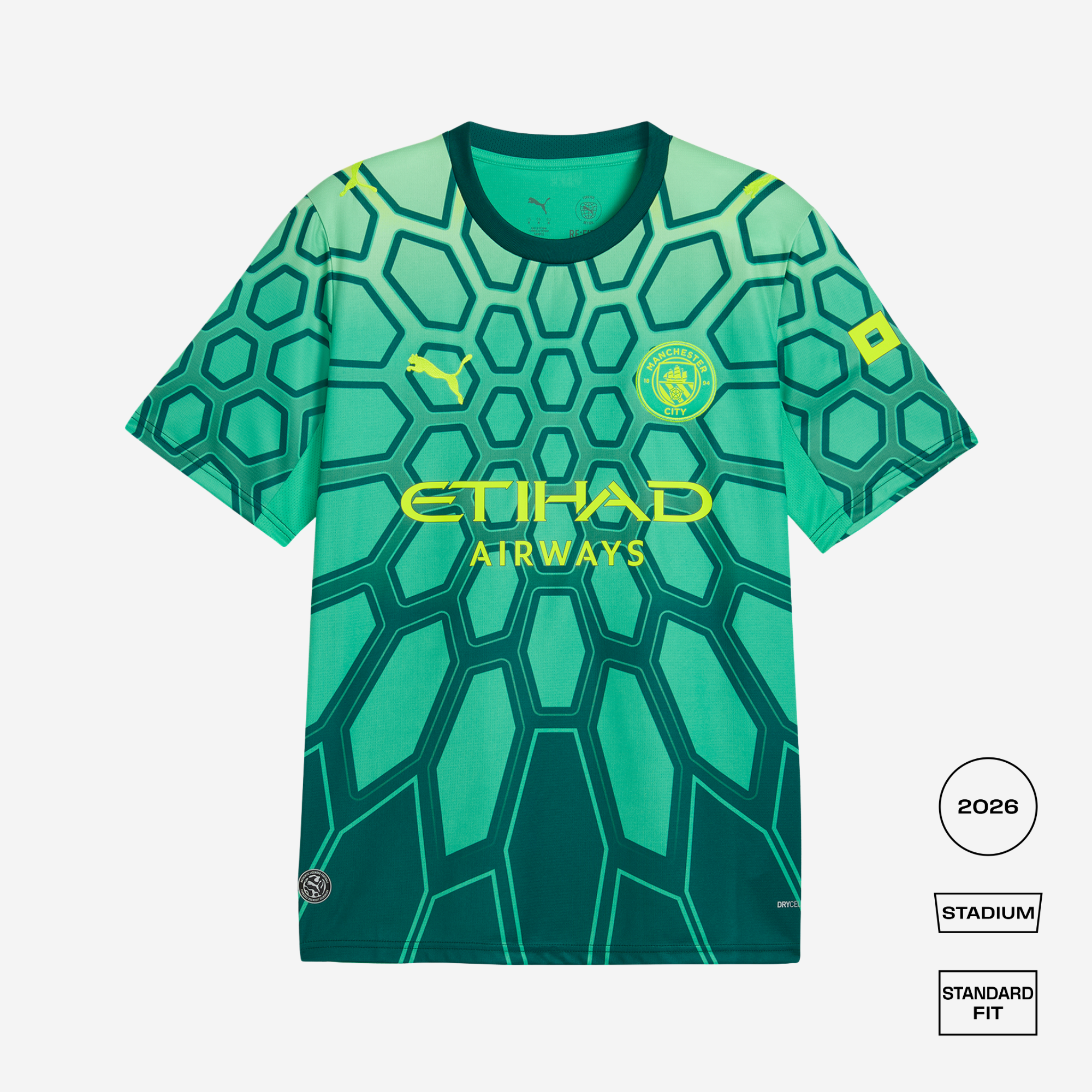 Green sports jersey with 'Etihad Airways' and Puma logos on a white background