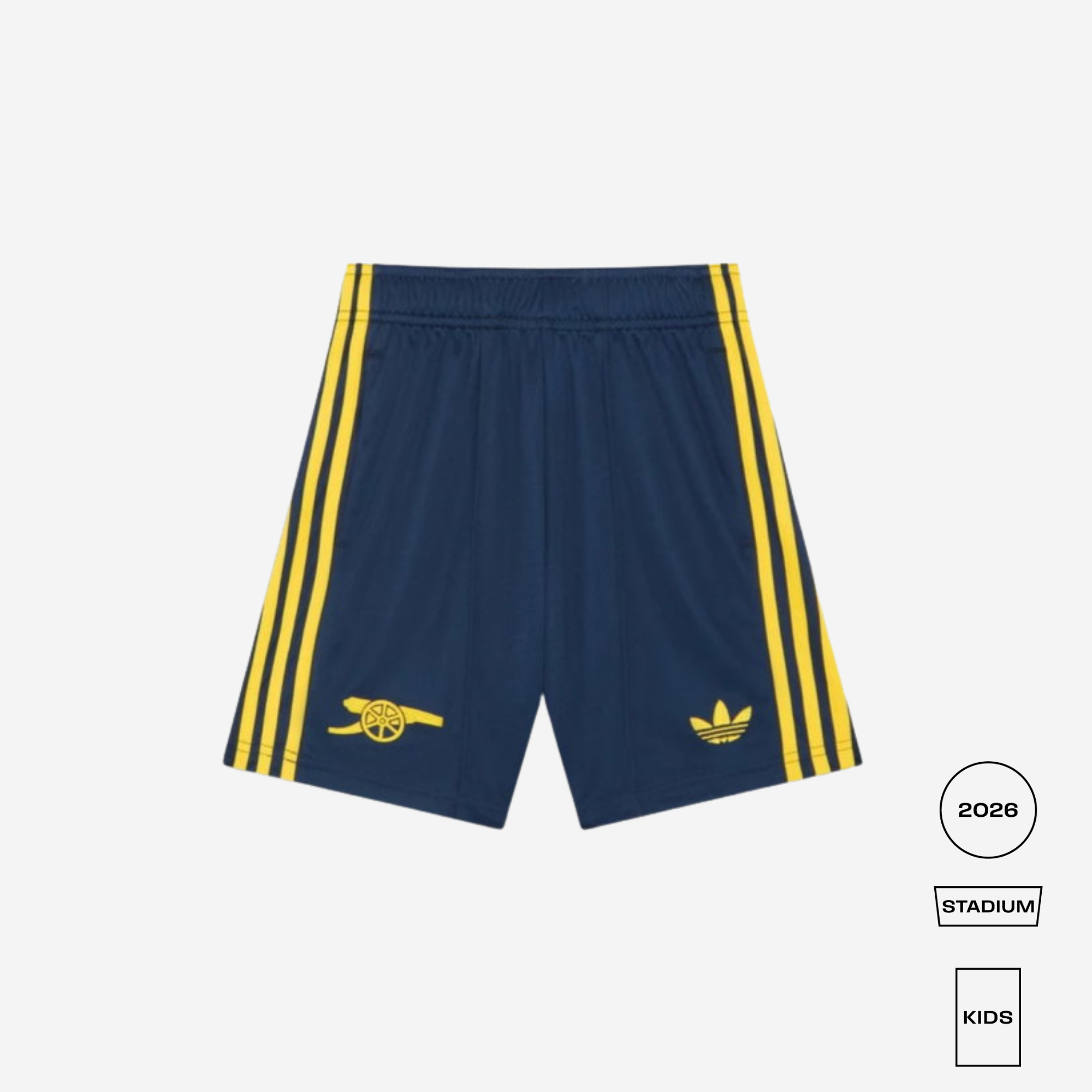 Navy blue Adidas football shorts with yellow stripes and the Arsenal club crest, shown flat on a light gray background with product variant labels on the right.