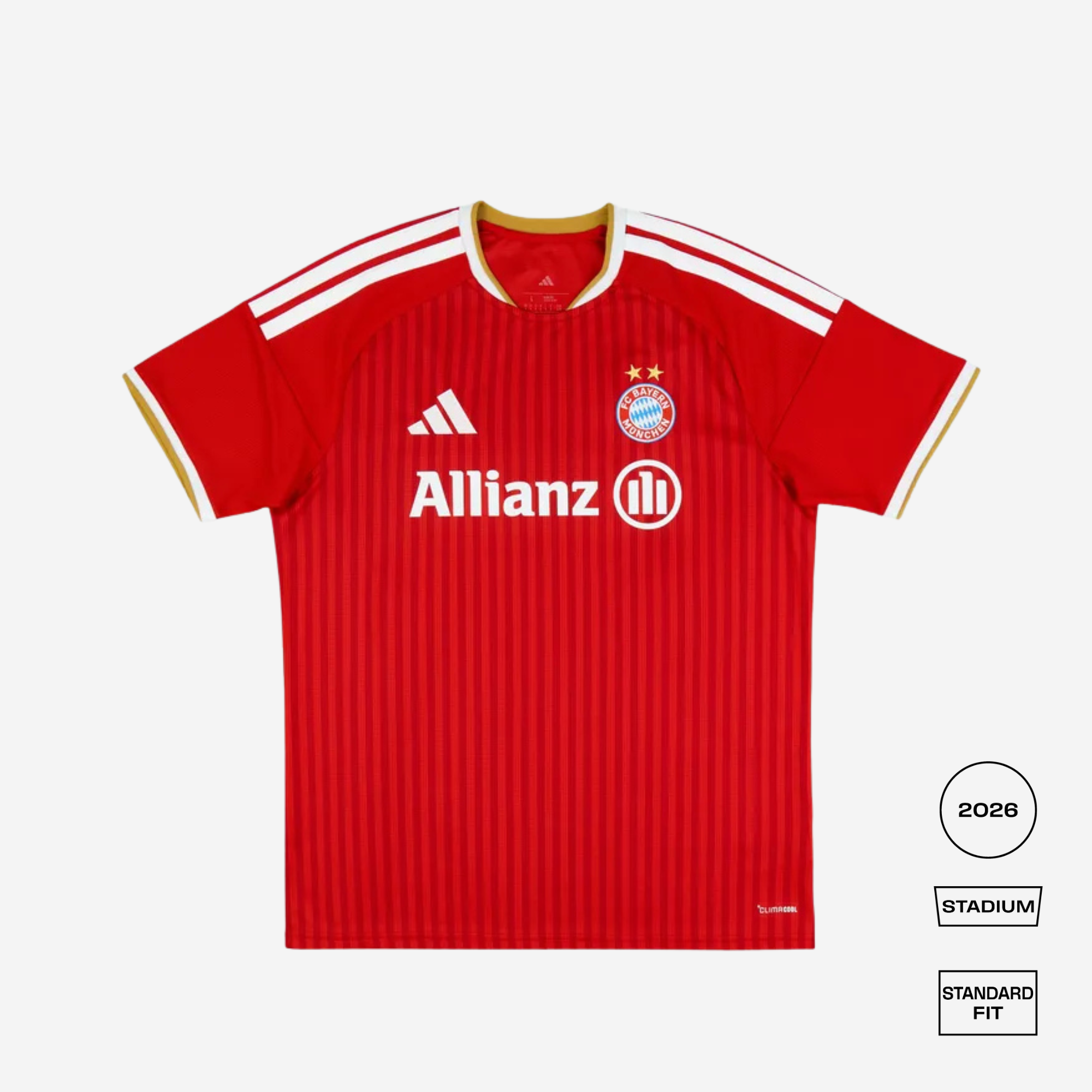 A red short-sleeve soccer jersey with vertical pinstripes, featuring white shoulder stripes, a white Adidas logo, the FC Bayern Munich crest, and a white Allianz sponsor logo. The jersey is displayed on a light gray background with fit and model labels on the bottom right.