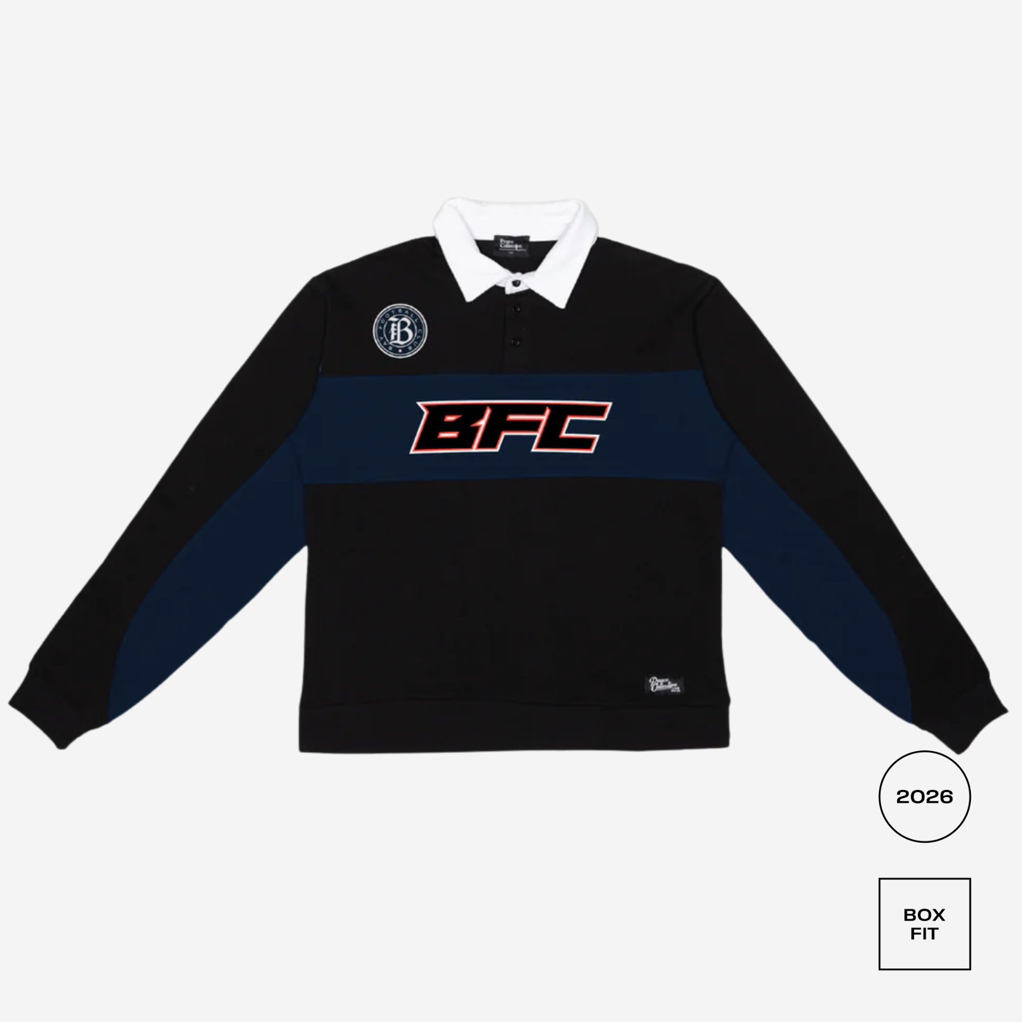 Black and blue long-sleeve shirt with 'BFC' logo on a white background
