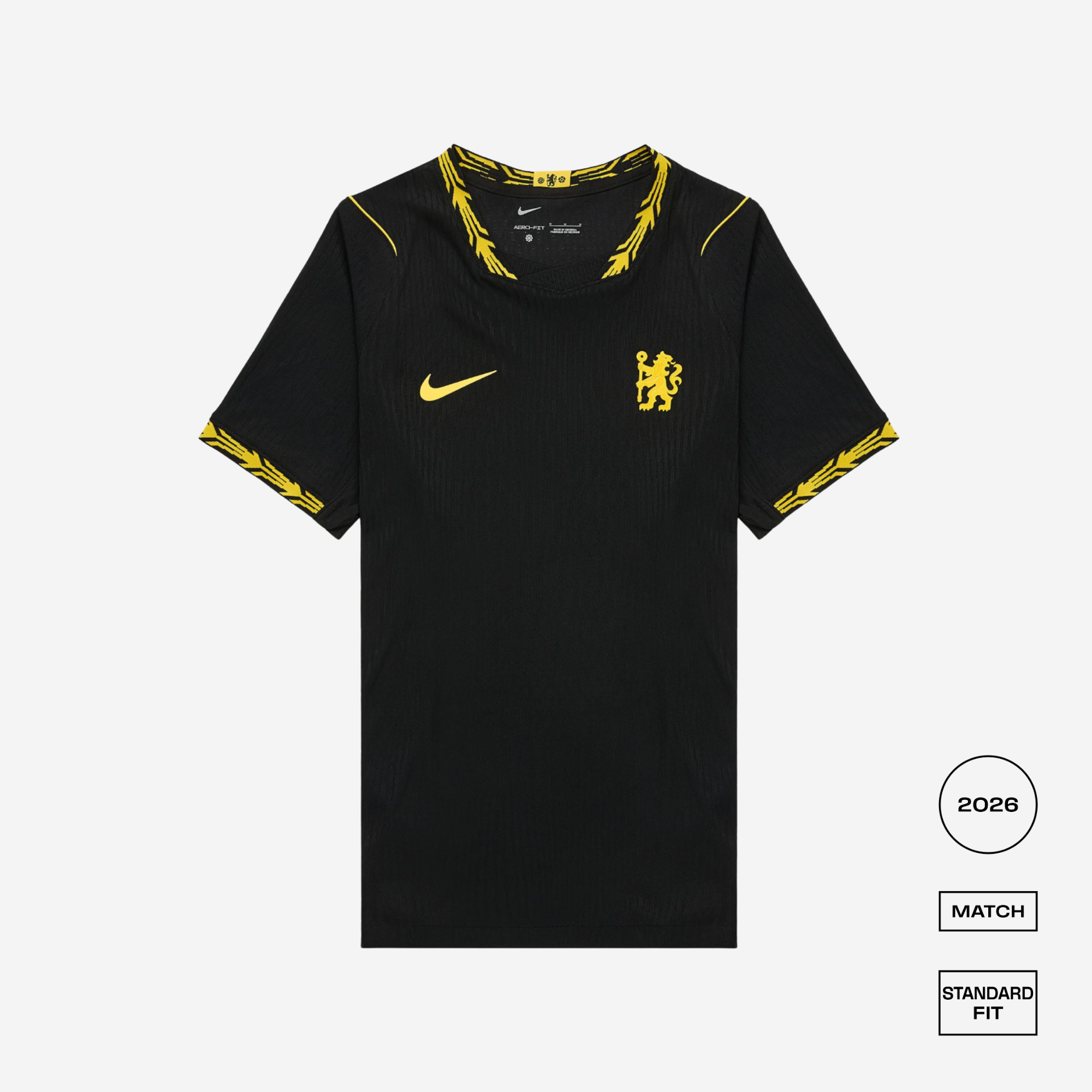 A black Nike Chelsea FC home soccer jersey with yellow trim and logos, displayed on a light gray background with a '2026 MATCH STANDARD FIT' badge on the bottom right.
