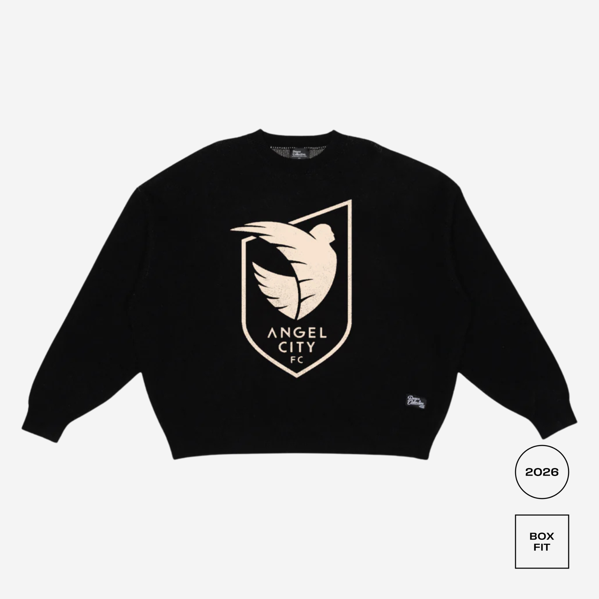 Black sweatshirt with Angel City FC logo on a white background