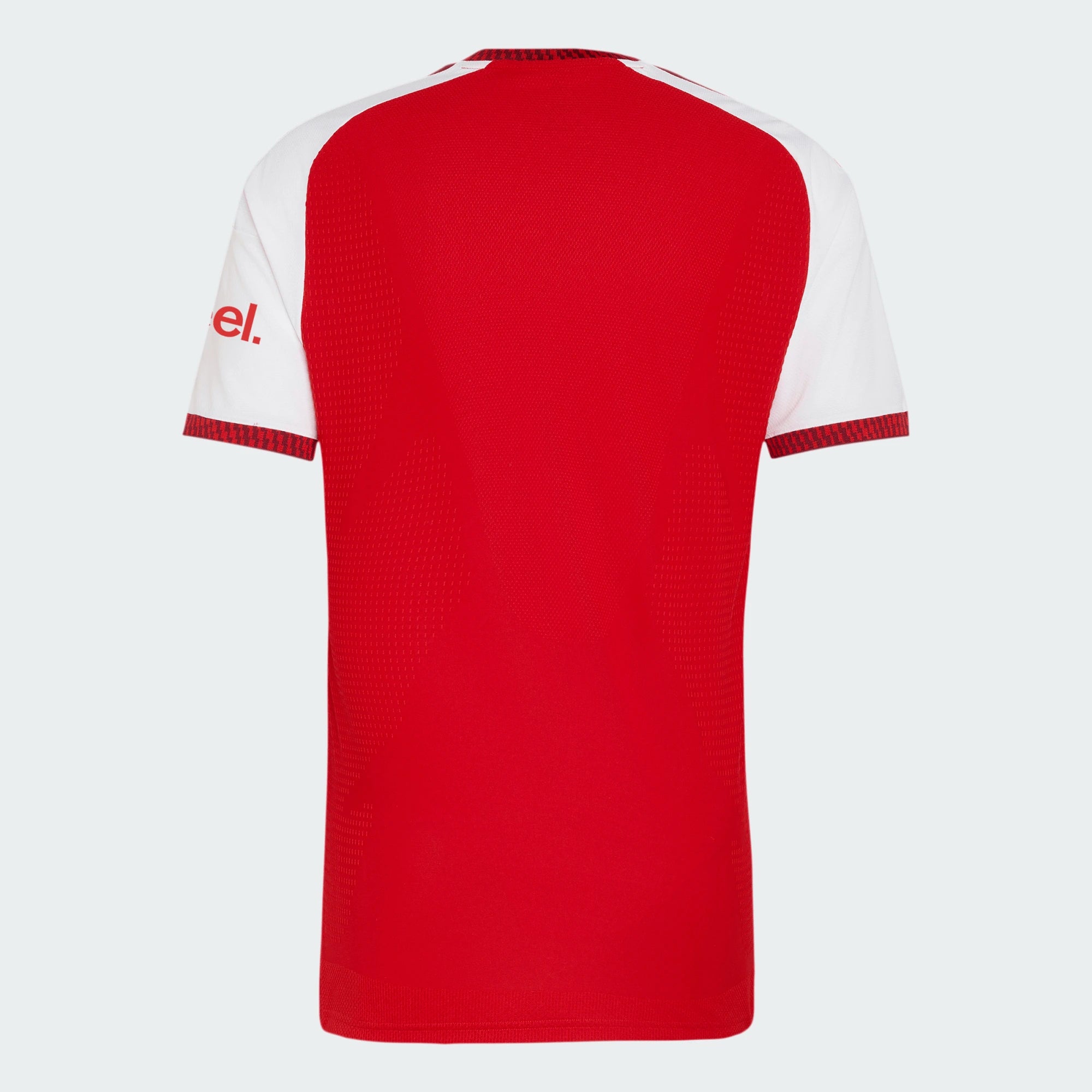 Red sports jersey with white sleeves on a light gray background
