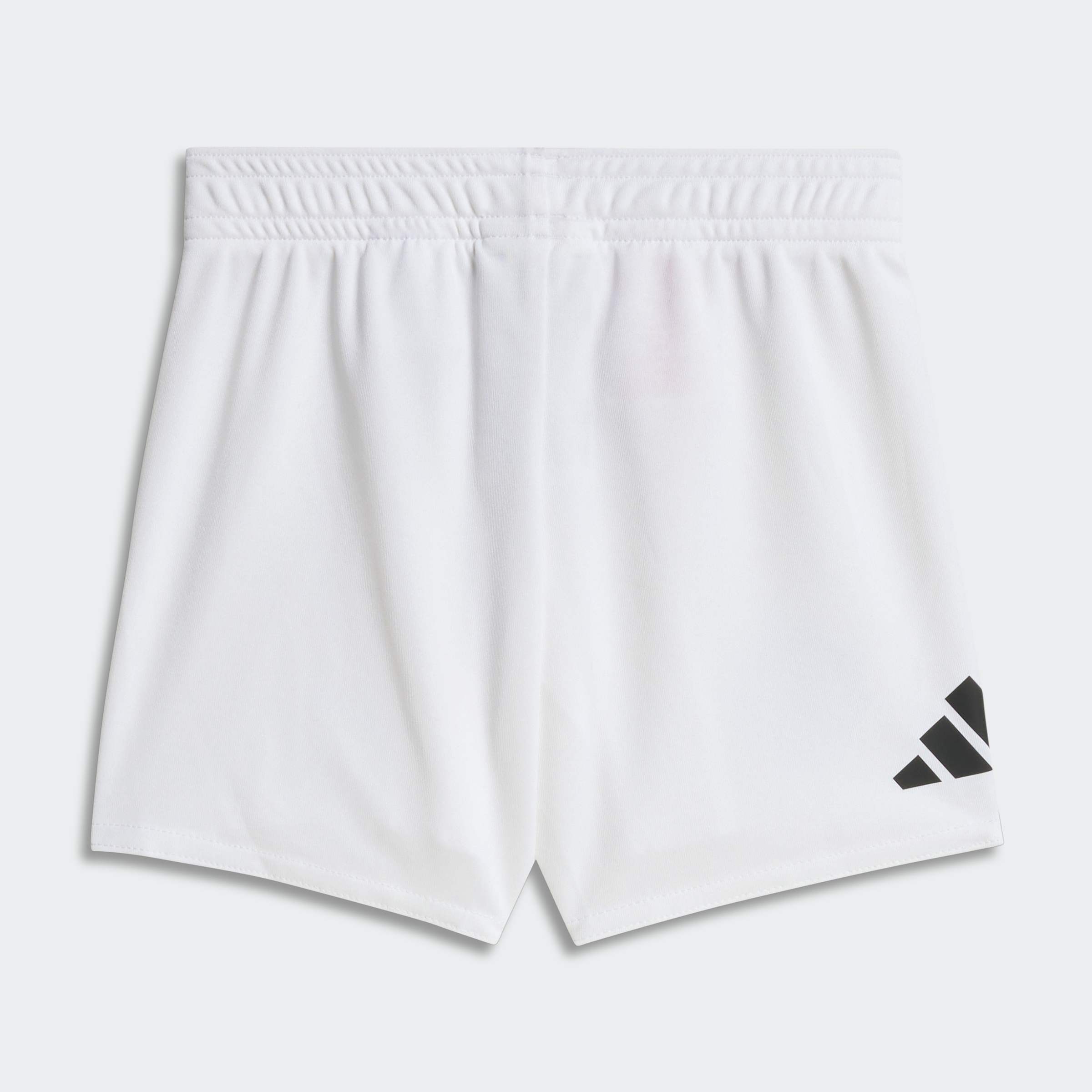 White athletic shorts with a black logo on a light gray background