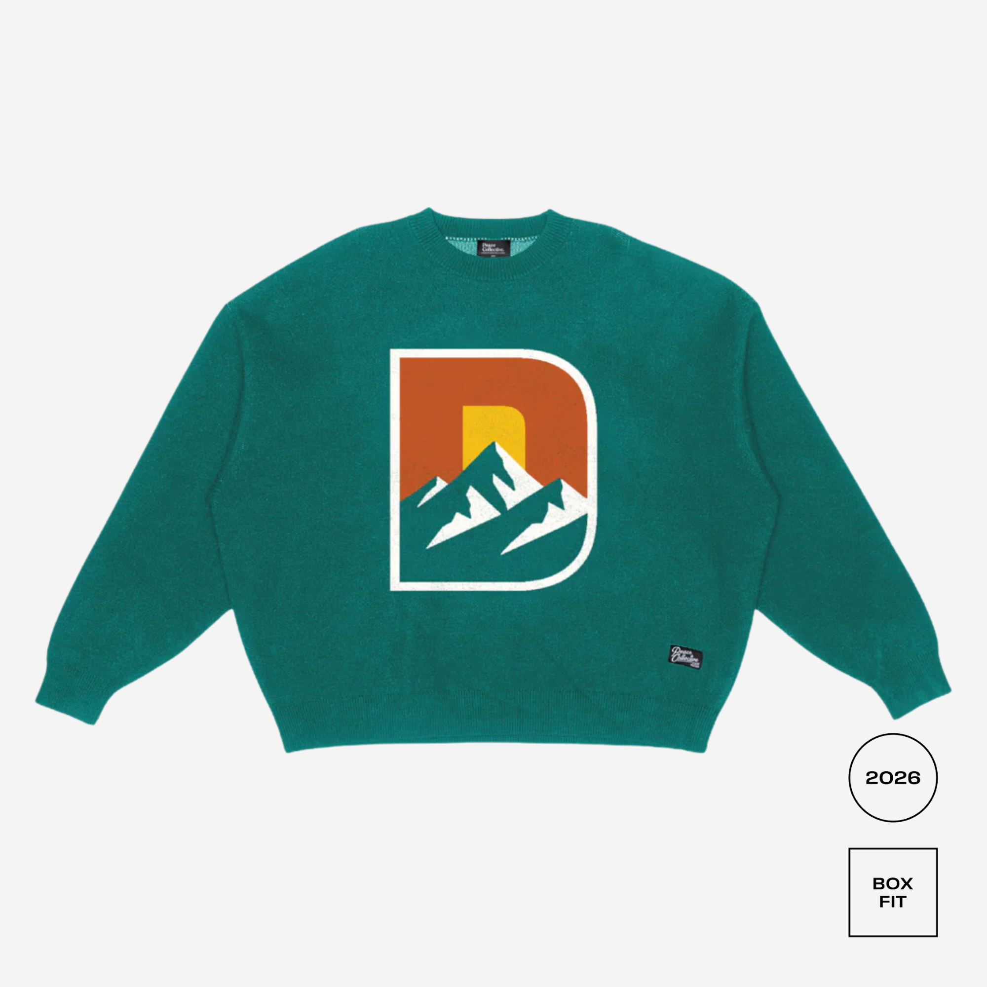 Green sweatshirt with a mountain logo on a white background