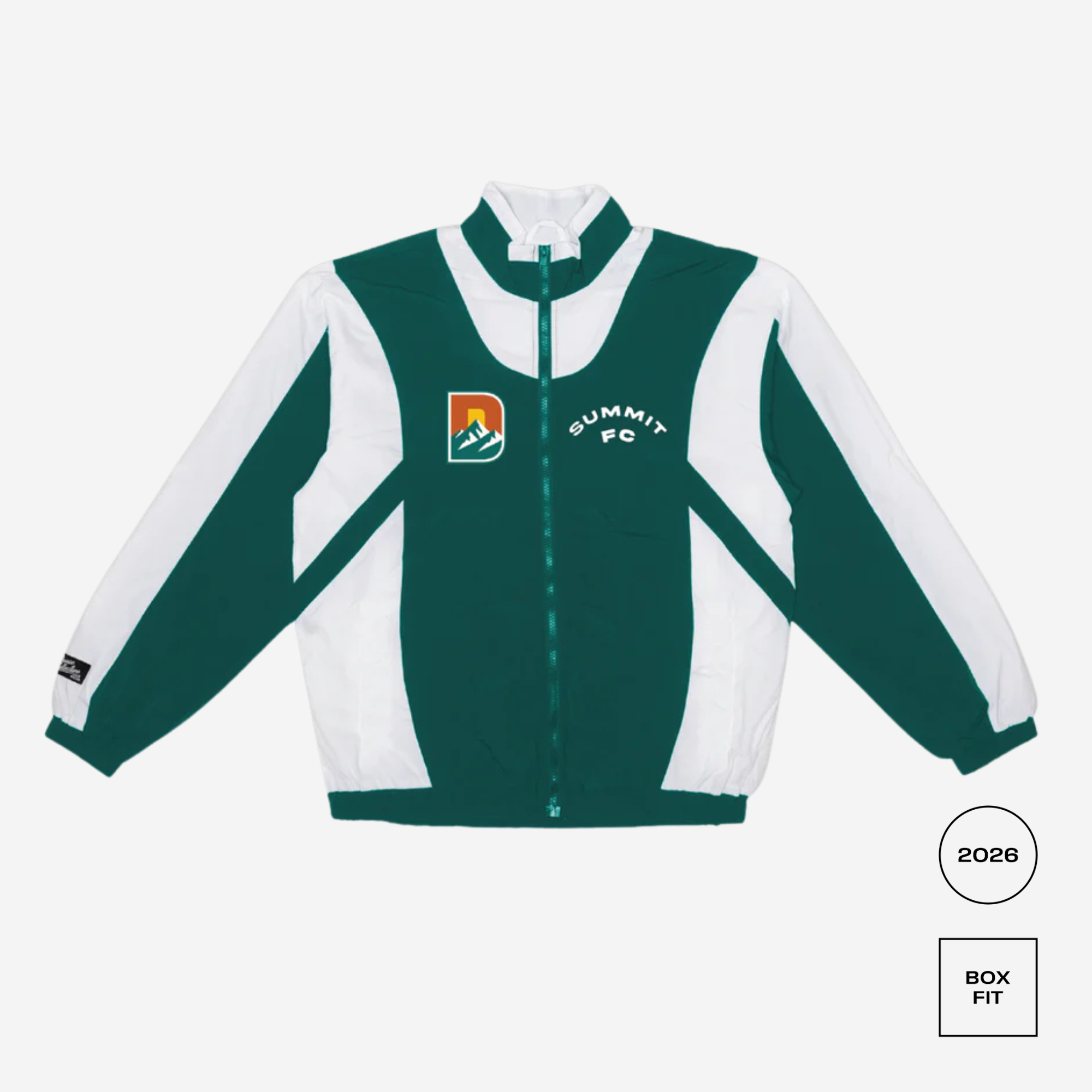 Green and white jacket with Summit FC logo on a white background