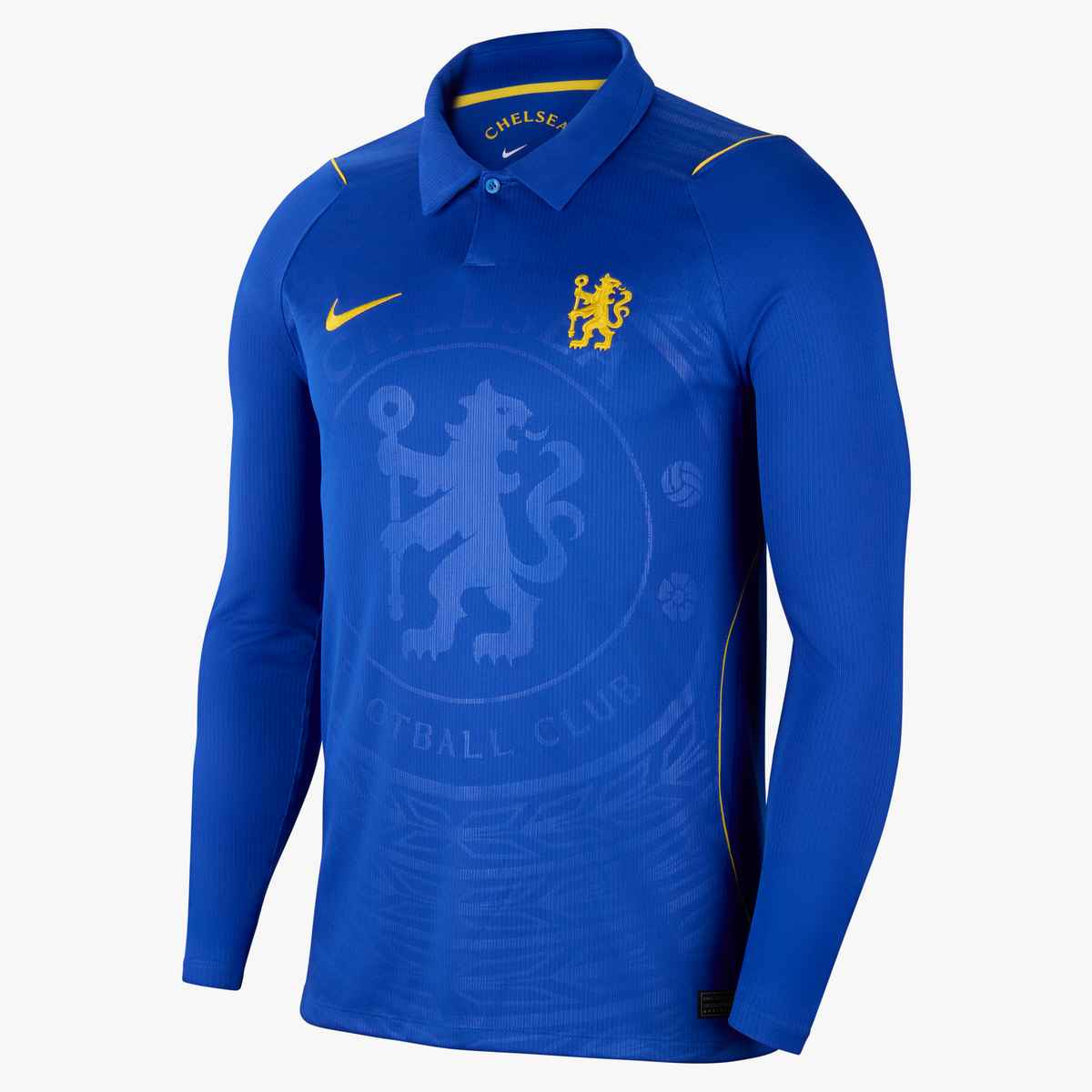 Blue sports jersey with yellow accents featuring a logo on a white background