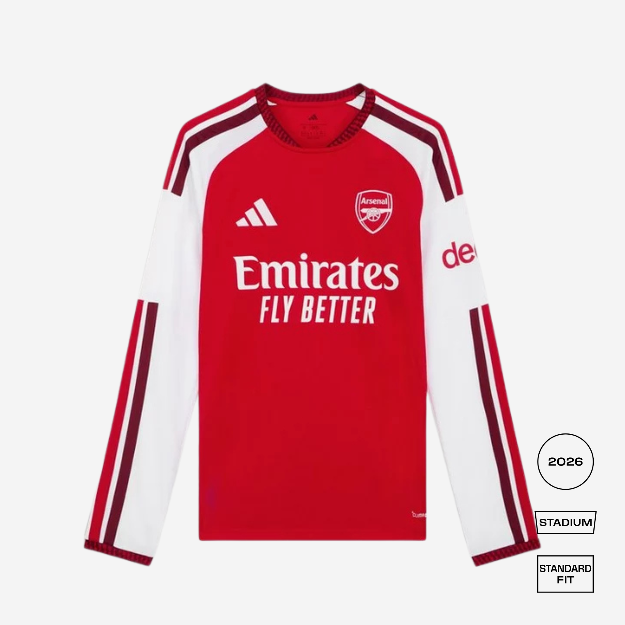 Red and white sports jersey with Adidas and Arsenal branding on a white background