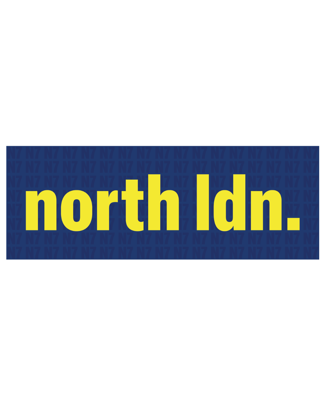 A rectangular blue sign or sticker with a subtle wood-grain texture, featuring the text 'north Idn.' in bold yellow lowercase letters, centered on a plain white background.