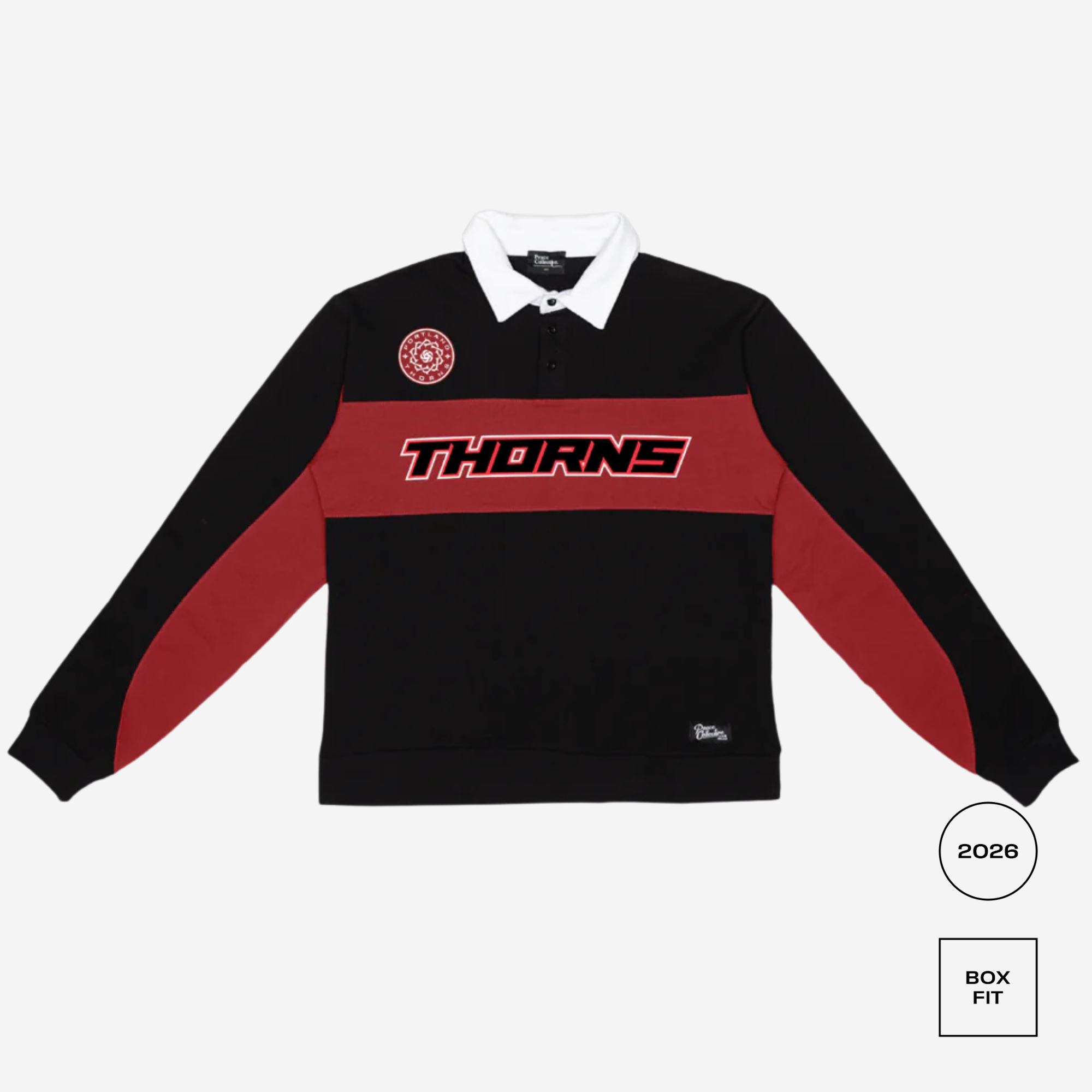 Black and red long-sleeve shirt with 'Thorns' branding on a white background